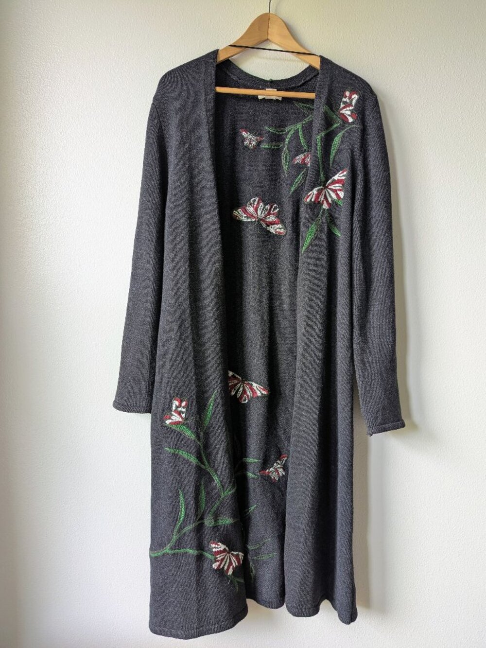 Style & Co Charcoal Butterfly & Leaf Embroidered Duster Cardigan Size XL